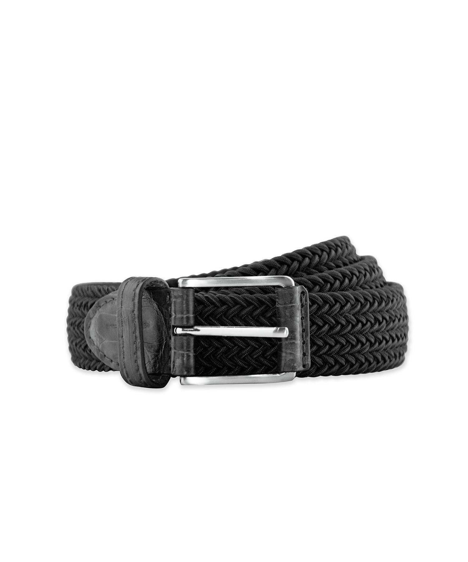 Black Pleated Stretch Belt with Leather Trim