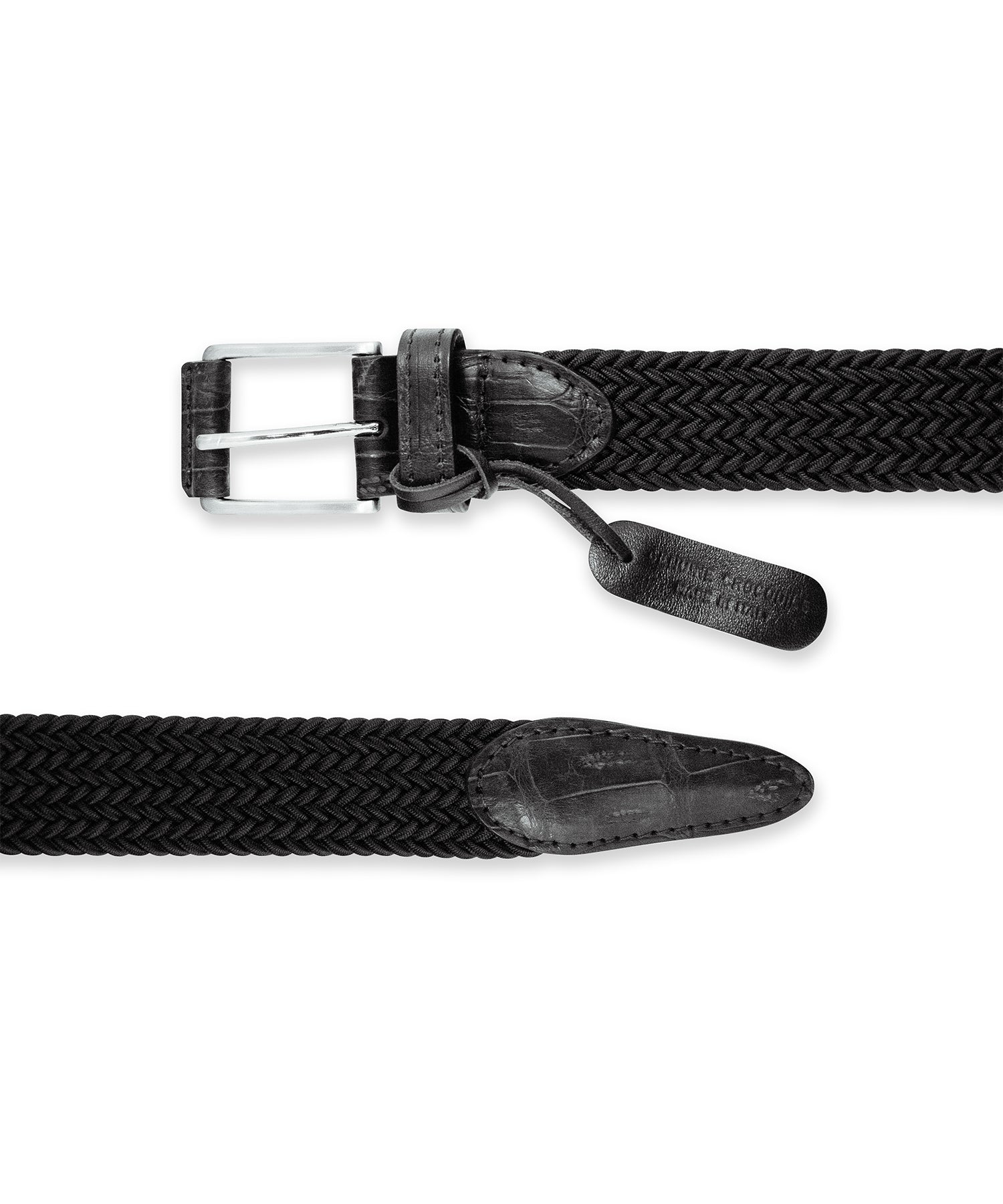 Black Pleated Stretch Belt with Leather Trim