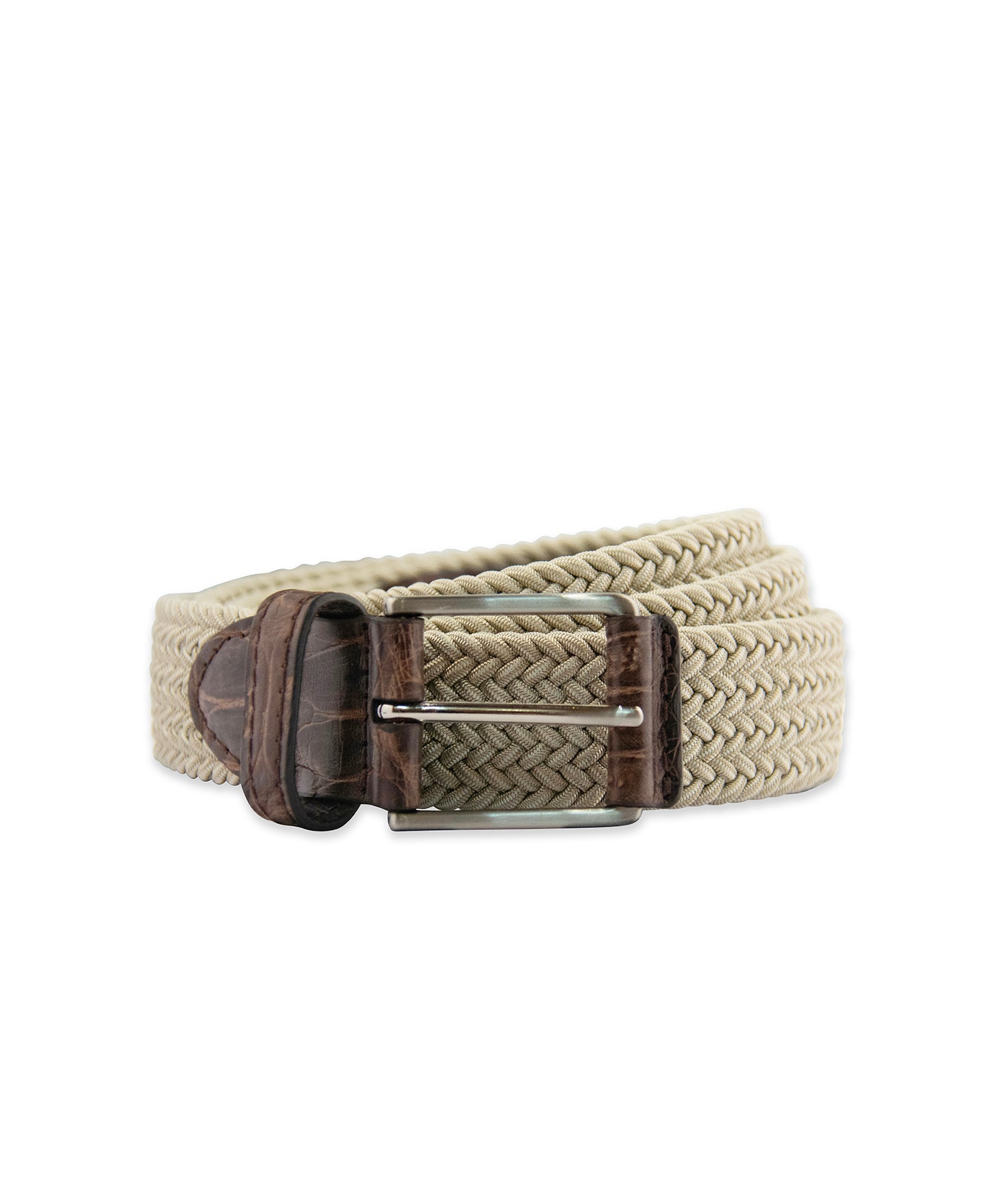 Beige & Brown Pleated Stretch Belt with Leather Trim