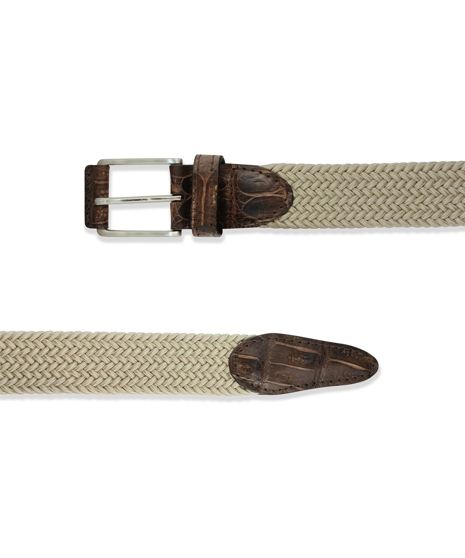 Beige & Brown Pleated Stretch Belt with Leather Trim