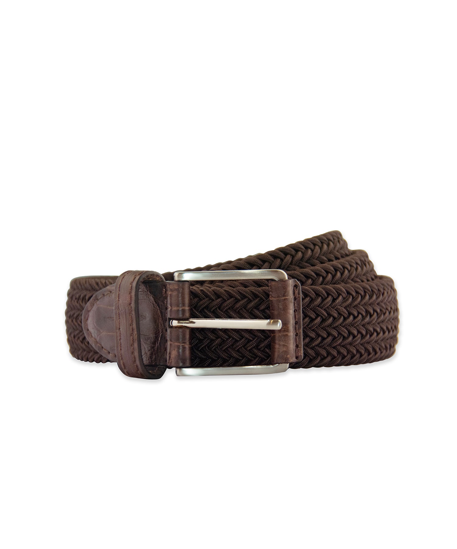 Brown Pleated Stretch Belt with Leather Trim