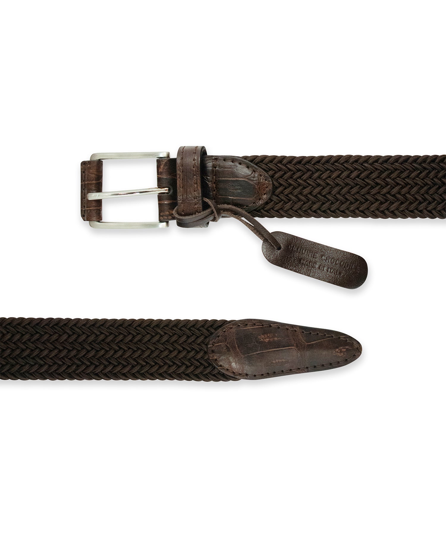 Brown Pleated Stretch Belt with Leather Trim