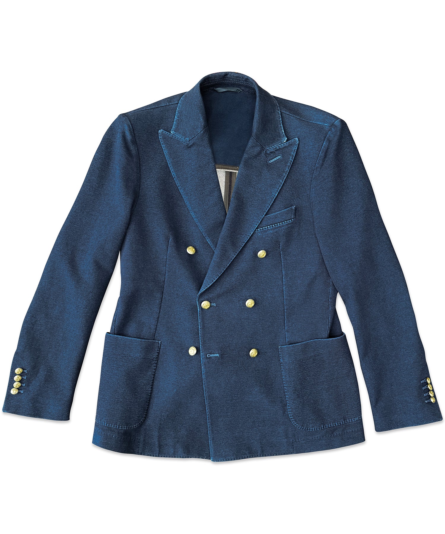 Navy Denim Cotton Double-Breasted Blazer with Gold Buttons