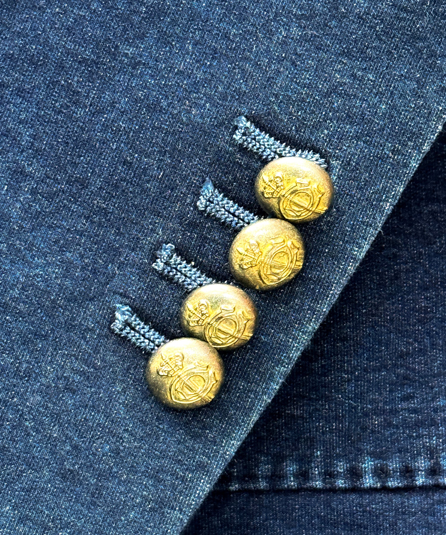 Navy Denim Cotton Double-Breasted Blazer with Gold Buttons