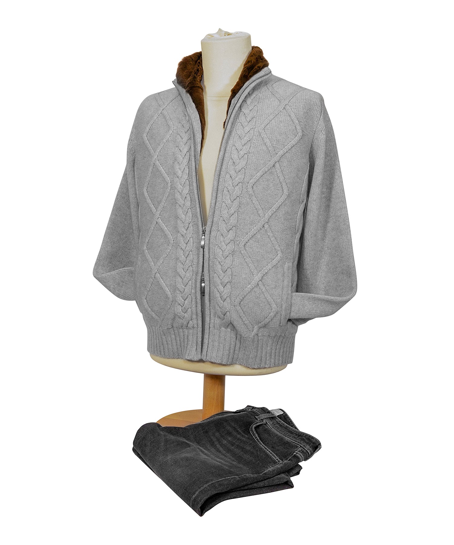 SILVER CCARDIGAN CASHMERE LINED FUR