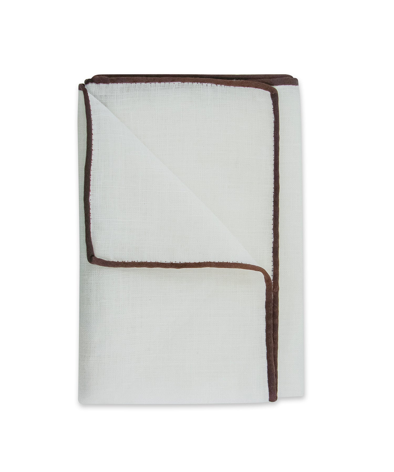 White Linen Pocket Square with Chestnut Border