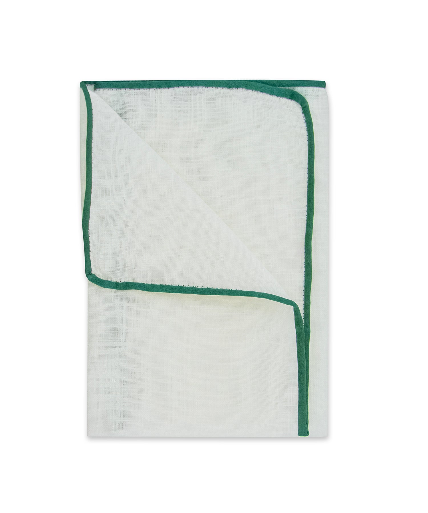 White Linen Pocket Square with Forest Green Border