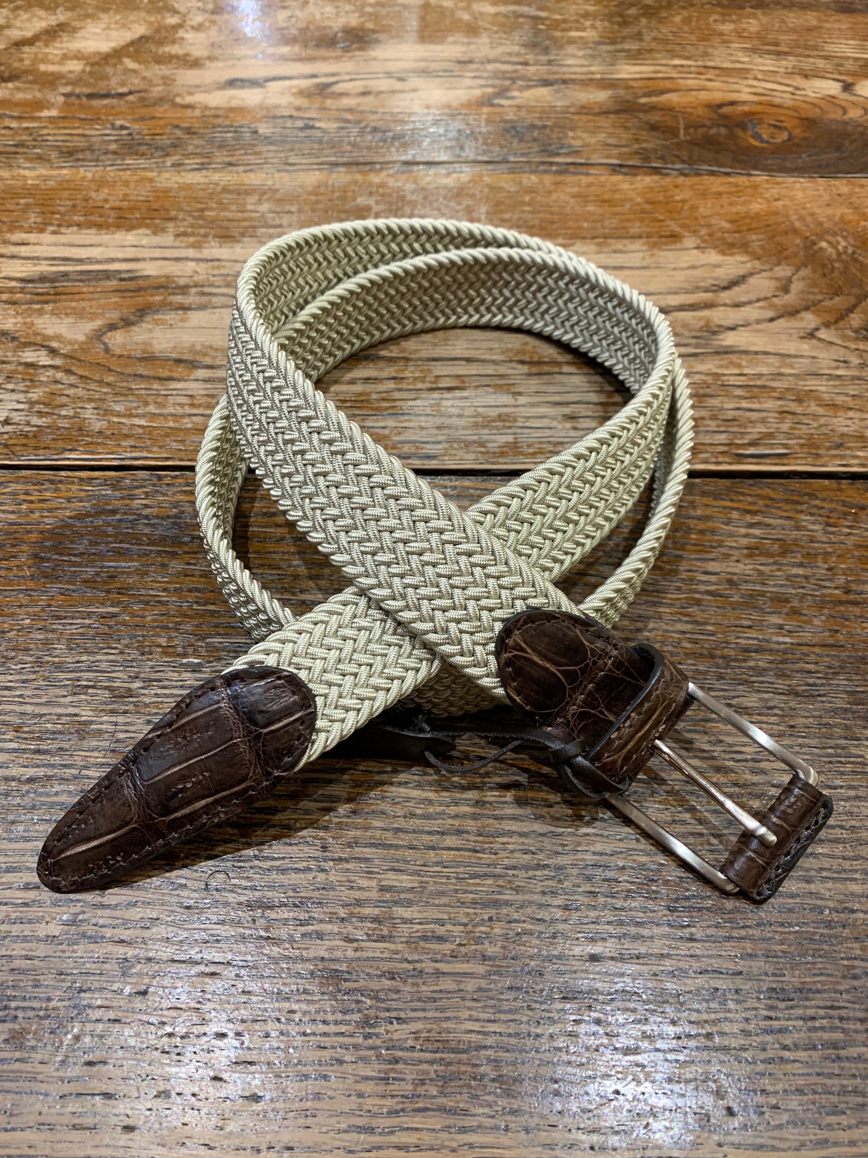 Beige & Brown Pleated Stretch Belt with Leather Trim
