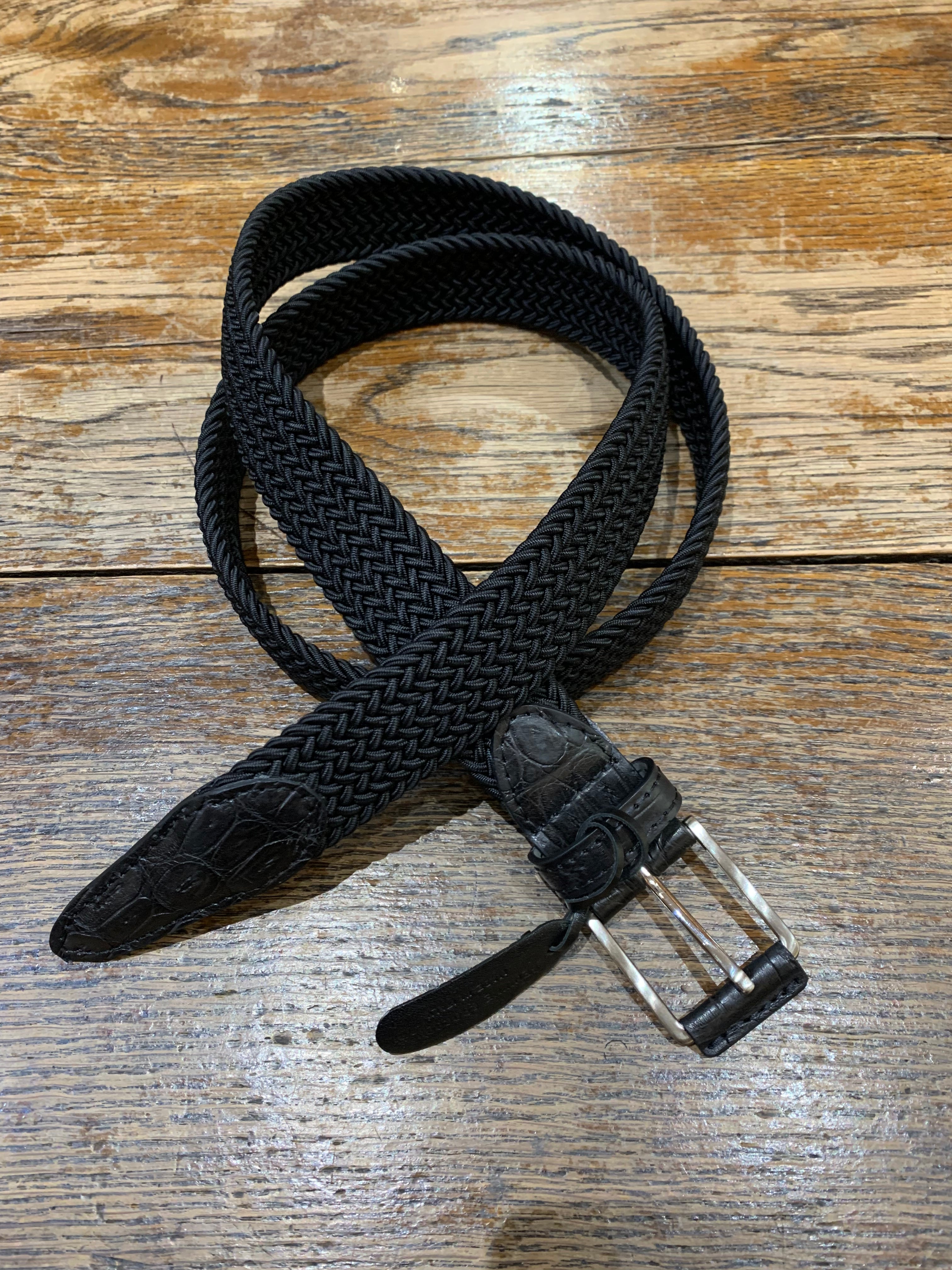 Black Pleated Stretch Belt with Leather Trim